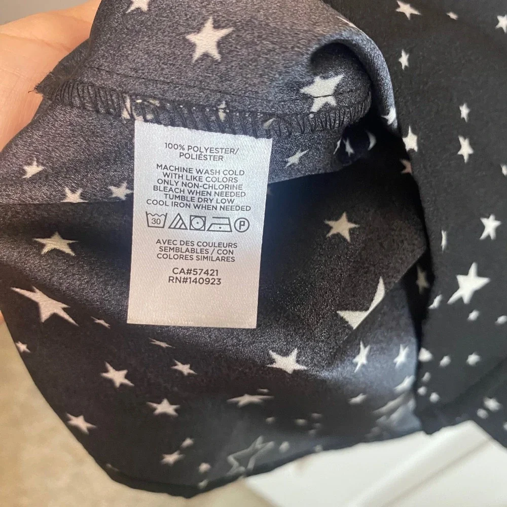 LOFT Womens Blouse Small Black White Star Print Tie Neck Long‎ Sleeve Novelty